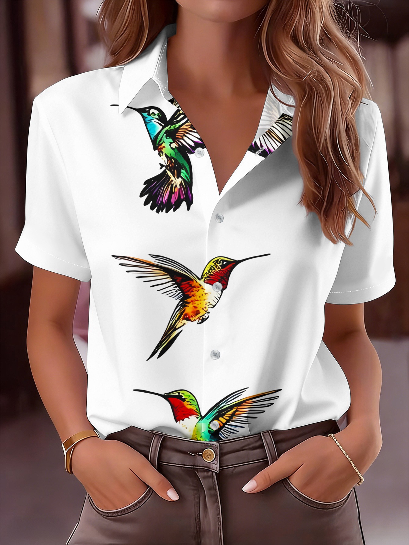 lässiges damen kurzarmshirt mit vogeldruck, maschinenwaschbares damenoberteil, trendiges button-up-shirt