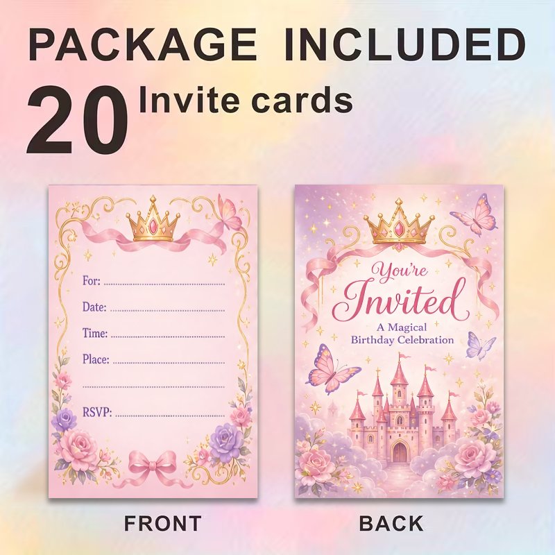 TEMU 20pcs,invitation Cards.20 Magical Princess Themed Invitation Cards Suitable For Birthday Party Wedding Baptism Anniversary And Other Celebratory