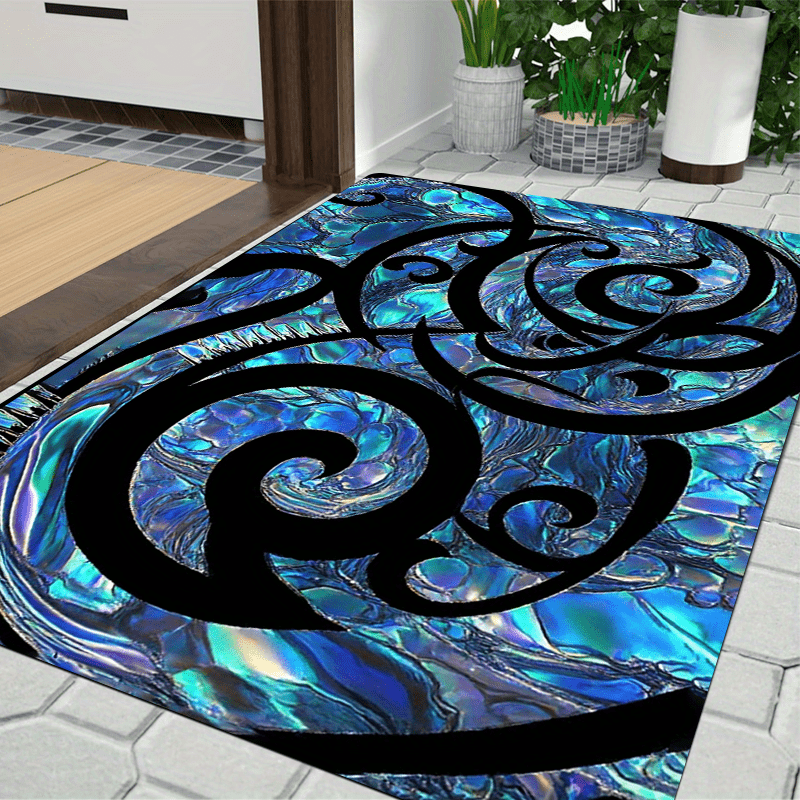 TEMU 1pc New Zealand Maori Paua Tattoo Koru Pattern Rug - Vibrant And Mat, Machine Washable, Lightweight Polyester Floor Mat, Thick Pile Material -