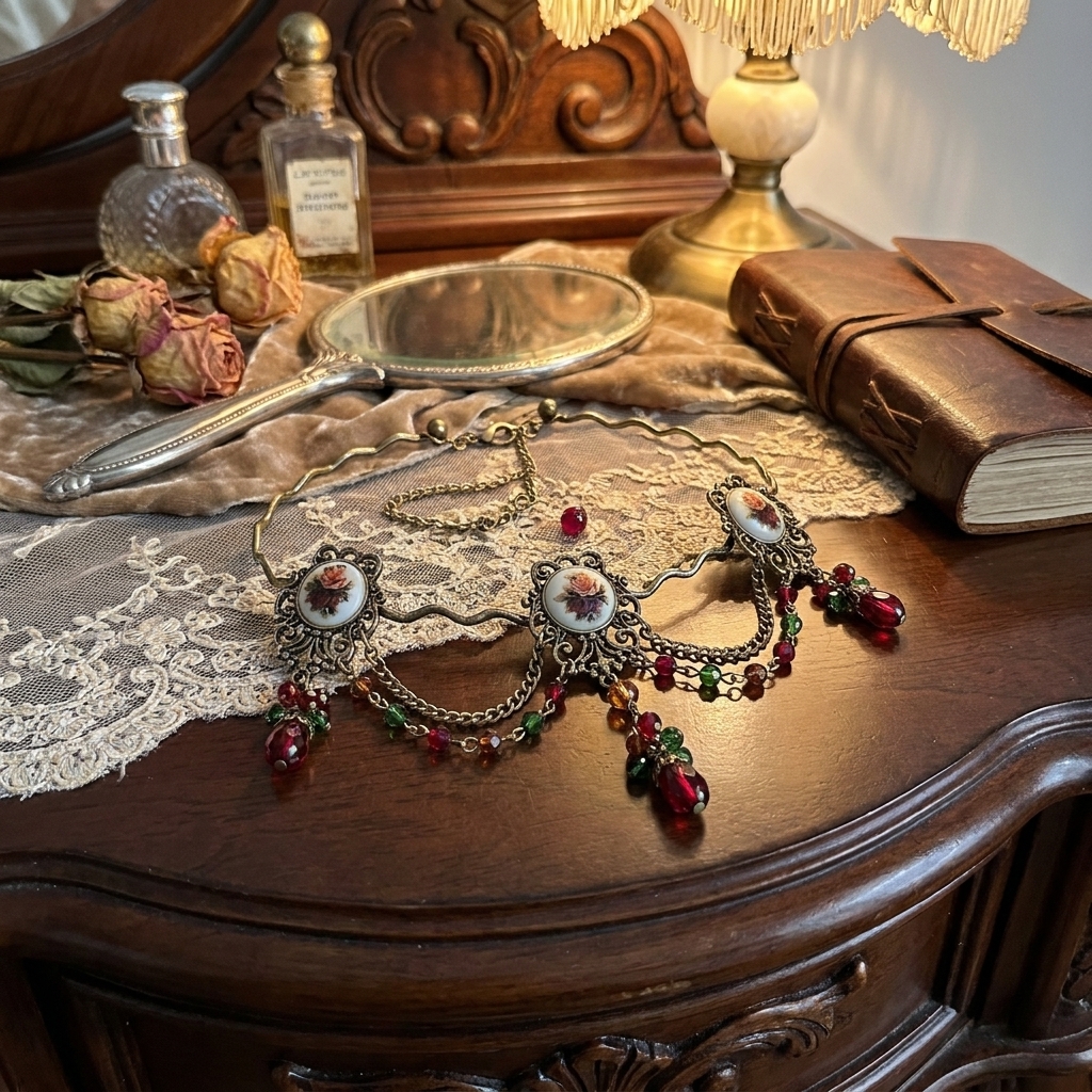 TEMU 1pc Vintage Court Floral Necklace, Antique Bronze Metal Chain With Tassels, Red And Green Beaded Teardrop Pendant For Women's Ball Decoration