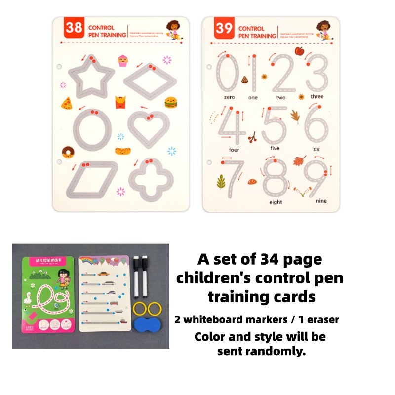 Image of A Set Of 34 Page Children' Pen Training Cards, Equipped With 2 Erasable Pens, Reusable, Used For Training Numbers, Letters, And Lines, And Auxiliary Learning Tools (color And Pattern Random)