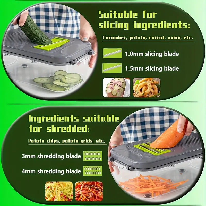   16pcs manual vegetable slicer set multi function chopper slicer grater with adjustable blades extra large basket no electricity needed kitchen prep tool details 8