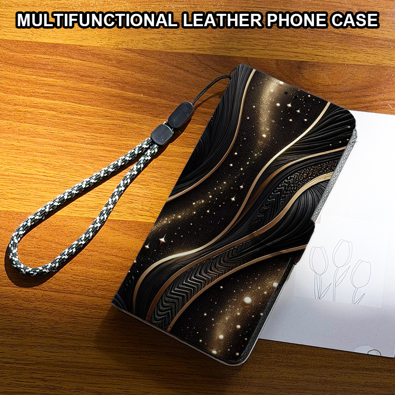 TEMU Phone Case: Black And Pattern Magnetic Flip Wallet Phone Case With Card Slot, Lanyard, And Foldable Stand, Suitable For Xiaomi Redmi Note 15 Pro