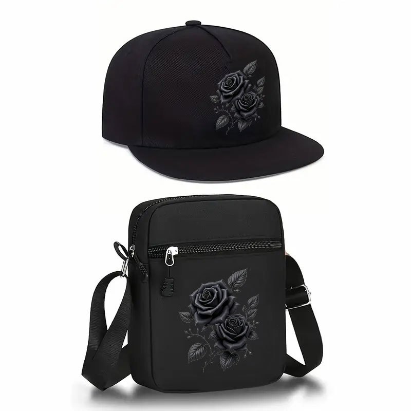 TEMU 2pcs Print Unisex Baseball And Crossbody Bag Set, Street Fashion Outdoor Sports Flat Brim Hat And Shoulder Bag, Adjustable, Valentine's Day And