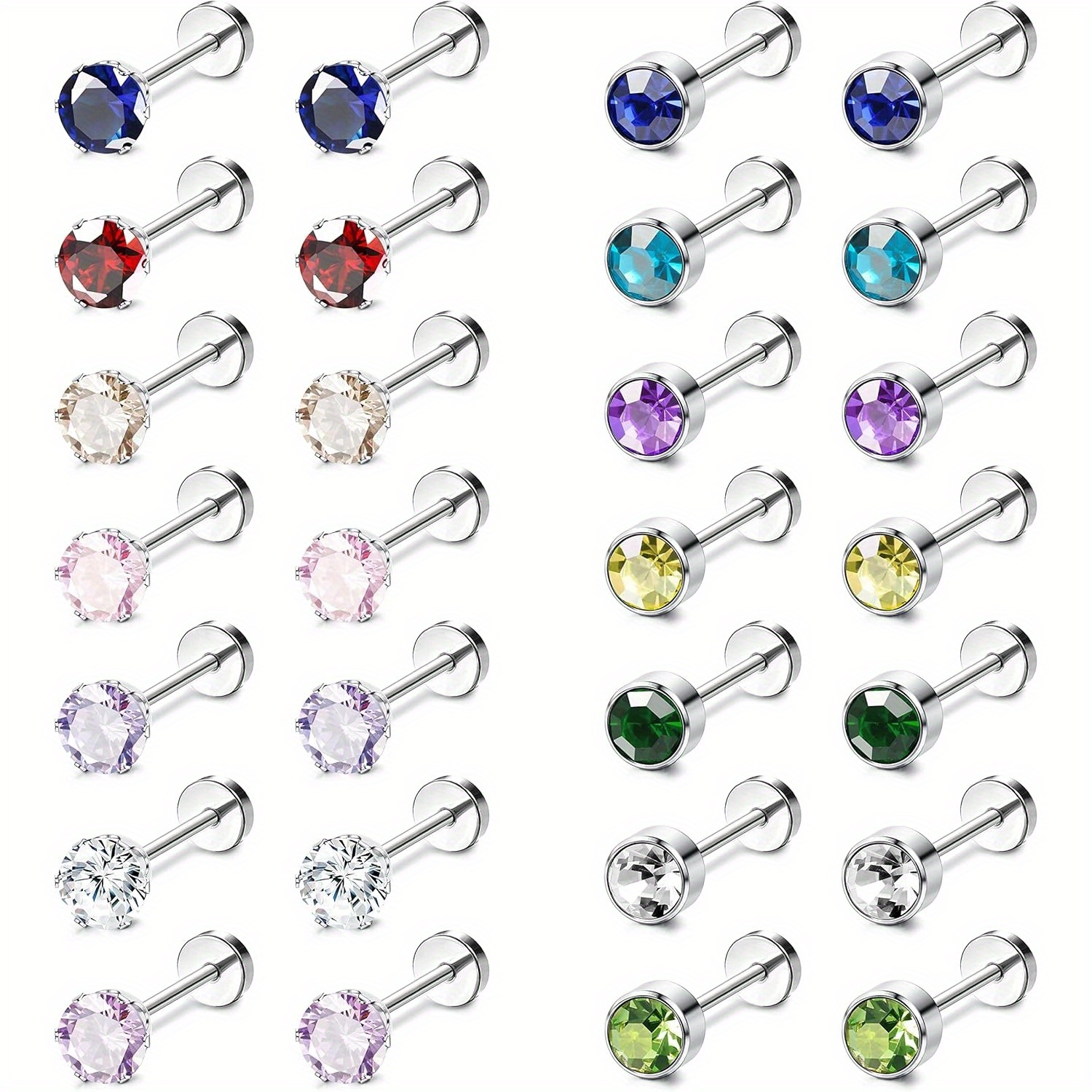 Image of 2d Flat, 14pairs Stainless Steel Cz Stud Earrings For Women Men Multicolor Cubic Synthetic Zirconia Flatback Earrings Pave Disco Ball Earrings With Flatback Cartilage Helix Earrings Set 20g