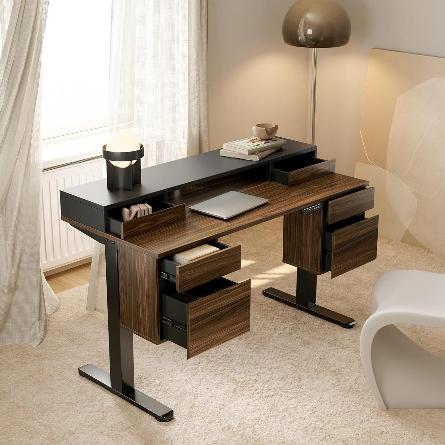 Standing Desk with 6 Drawers, 55 Inch Electric Height Adjustable Stand Up Desk with Storage, Computer Home Office Workstation with Monitor Stand, Electric Height Adjustable Desk