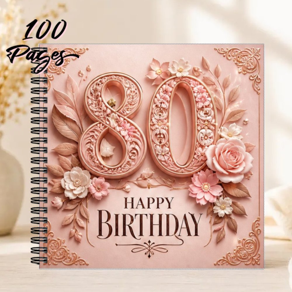 TEMU 1pc 20x20cm Birthday Guestbook, 80th Happy Birthday Guest Book, Blush Pink Rose Golden Floral Party Keepsake Message Journal For Guests To Sign