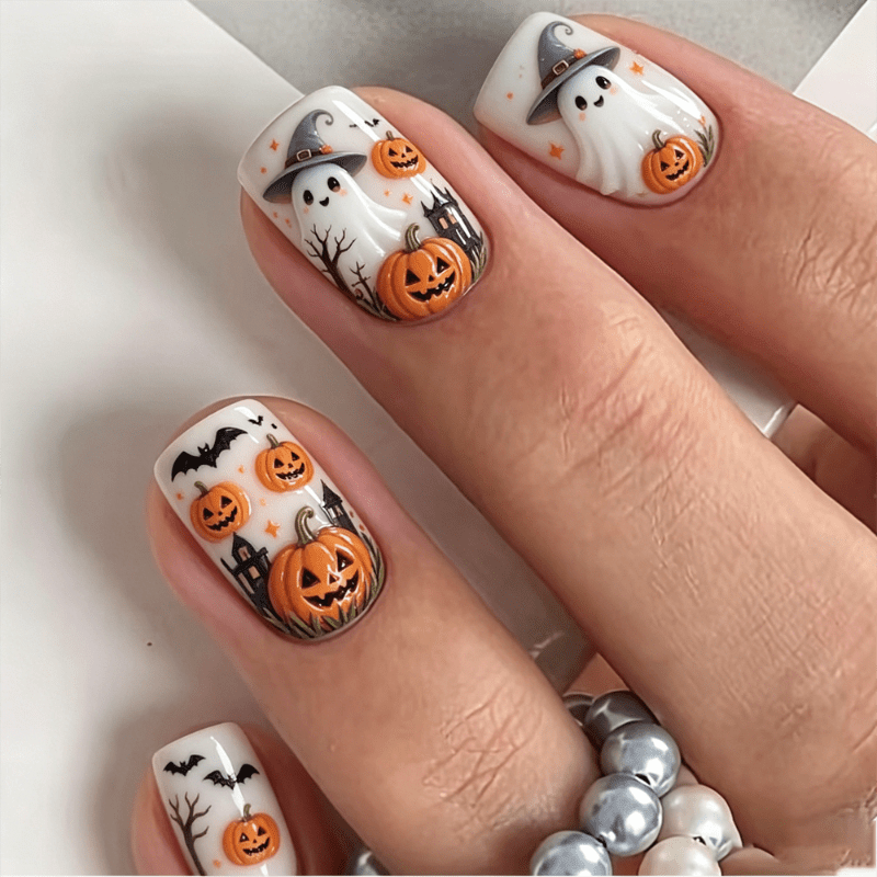 TEMU 70pcs Reusable Short Square Fake Press-on Nails, Halloween Theme 3d Pumpkin Bat Full Cover Nail Art, Removable White And Orange Tone Holiday