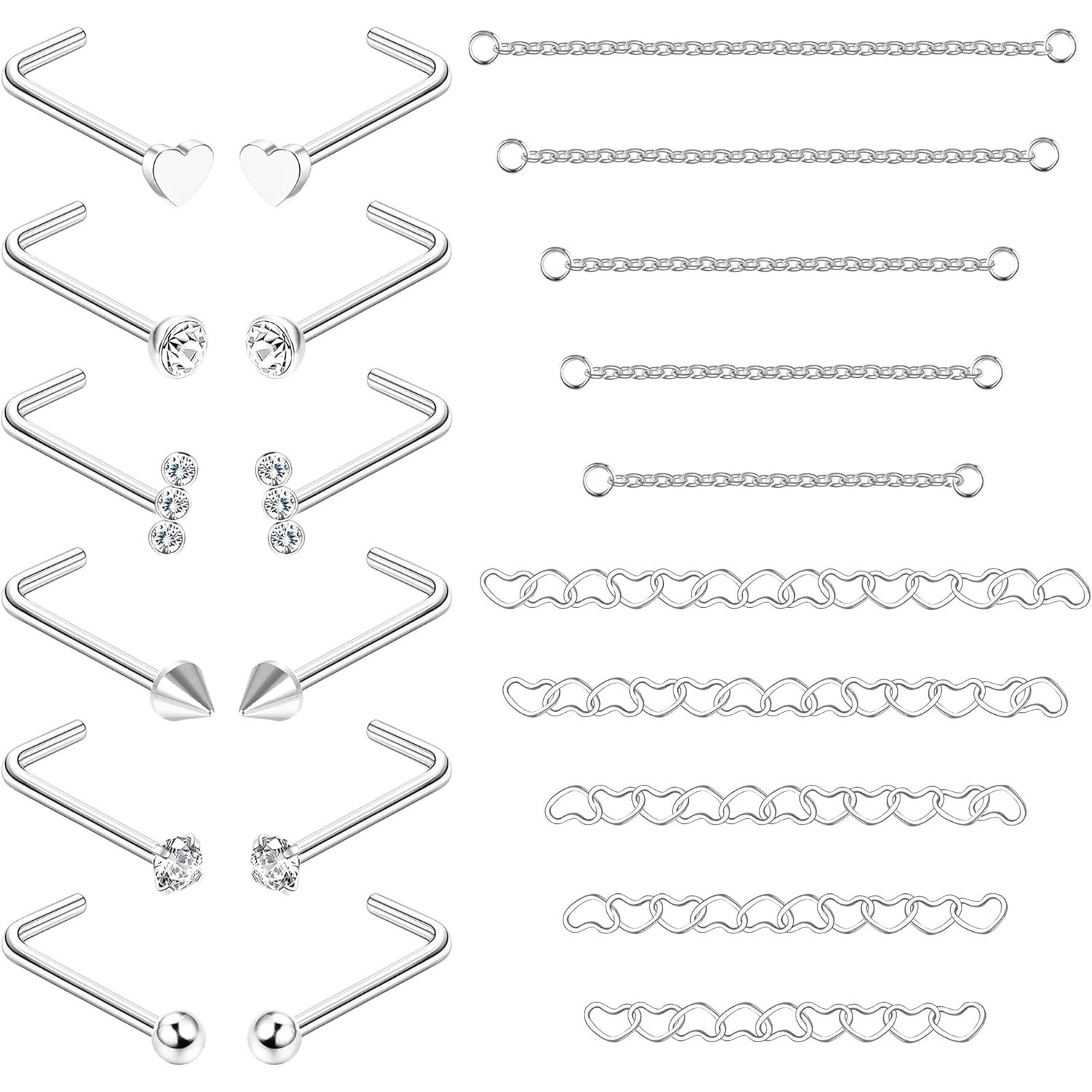 22pcs Stainless 12pcs Nose Stud 10pcs Nose Chain Piercing Surgical Steel Nose Rings With Nose Chain For Double Nose Piercing 20g Nose Studs Silvery Nose Piercings For Women Men