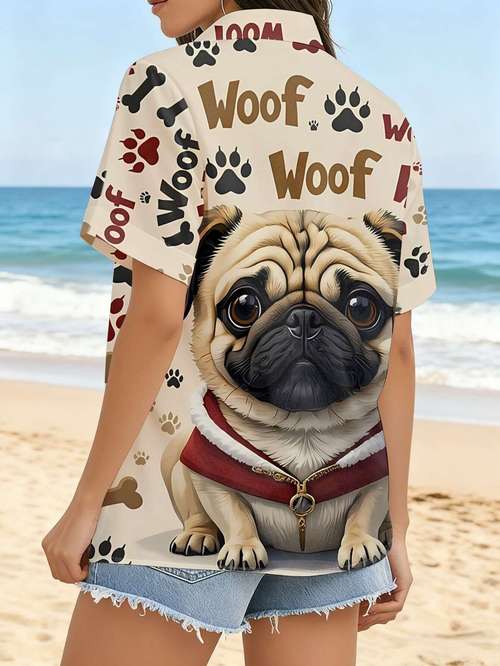 womens casual short sleeve shirt with a pug wearing a red bib featuring a pattern of and text all over the background machine washable womens top stylish button up shirt