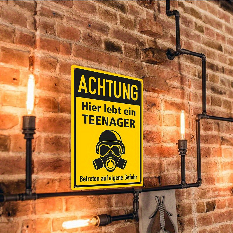 Image of 2d Flat - 1pc, 2d Flat, Vintage Metal Sign (8''x12''), Teenager Lives Here Gas Mask Sign, Funny German Tin Plaque, Retro Room Decor, Suitable For Teen Bedroom Door Wall