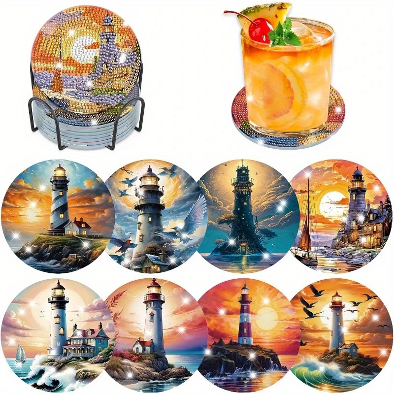 Image of 8pcs/set Sunset Lighthouse Patterned Diamond Painted Coaster Set, Sparkling Rhinestone Heat-resistant Beverage Mat With Holder Coaster For Beginners And Adults, Art Craft Supplies Gift