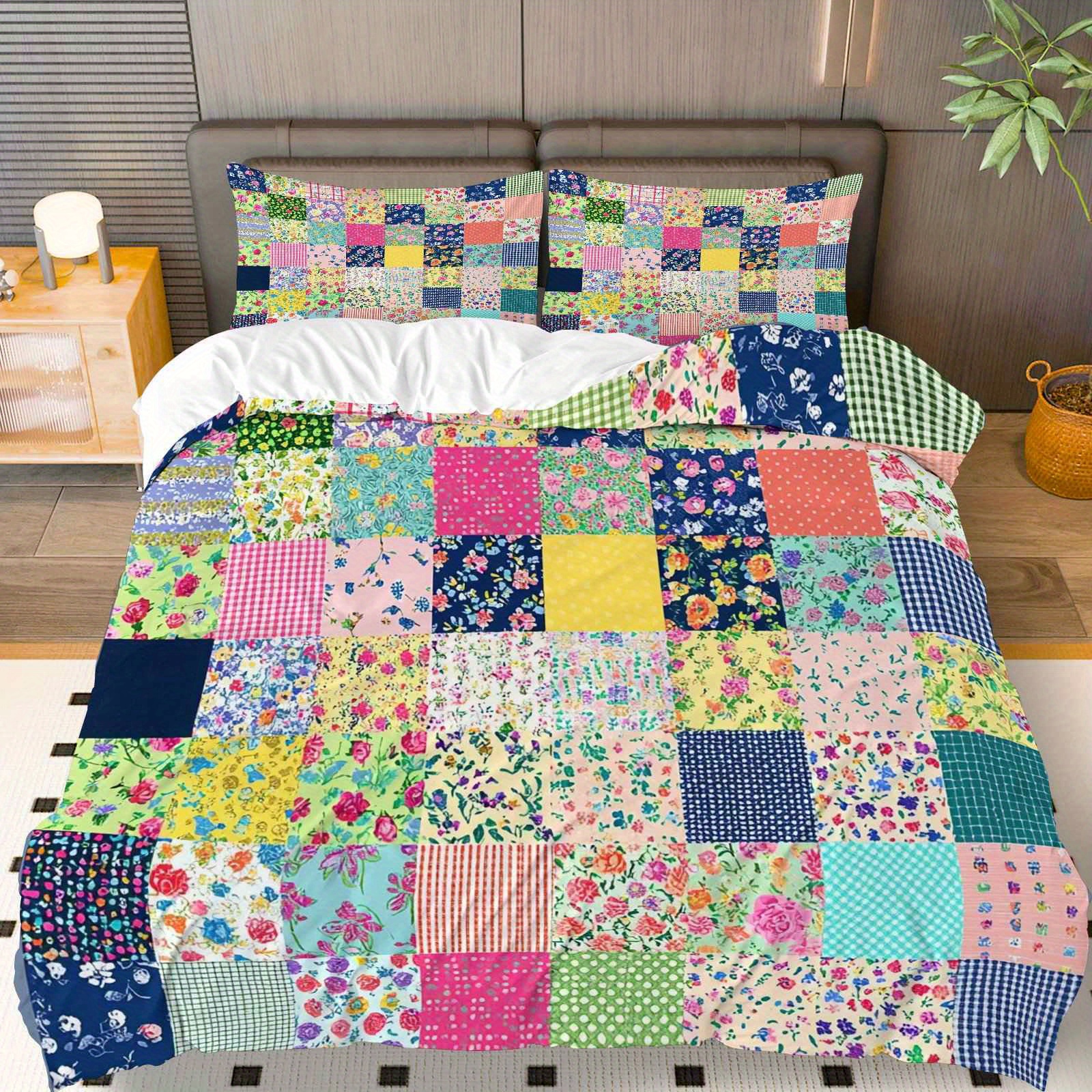 TEMU Juego de ropa de cama de 3 piezas que 1 de edredón y 2 fundas de almohada (relleno no incluido), con un diseño floral de patchwork a cuadros,