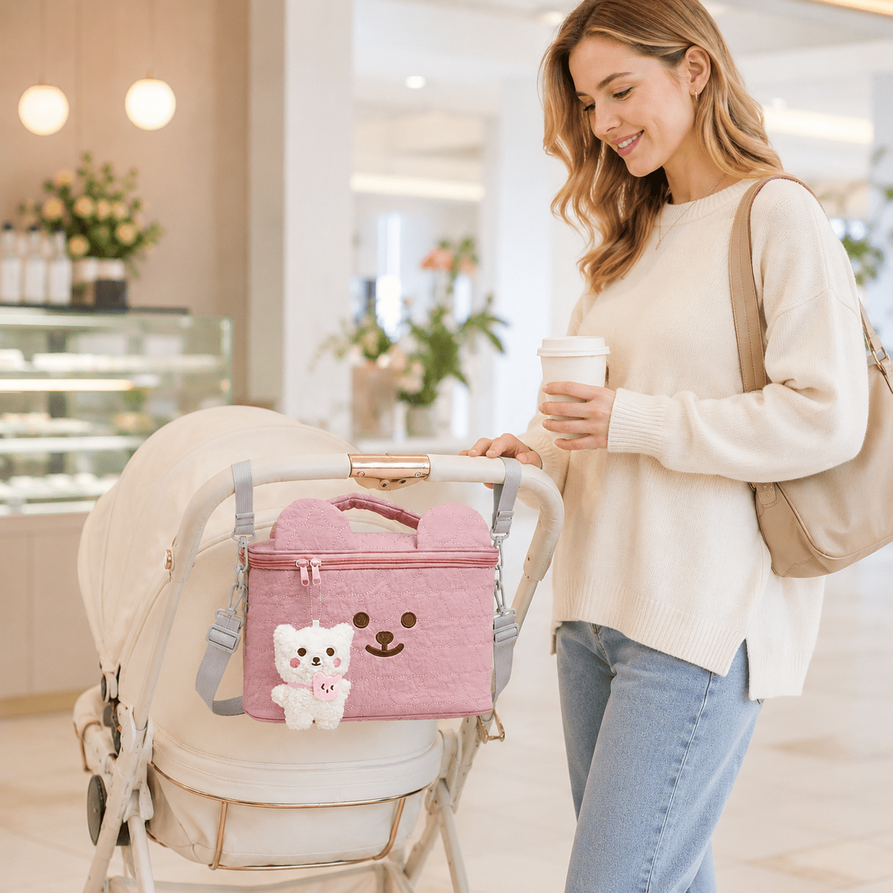 Image of Mommy Bear Bag | Quilted Crossbody Cart Large Capacity Multi-compartment | Maternal And Travel Walking Shopping Mall Short Outing | Cream Wind Macaron Powder Derivative Sewing Fabric