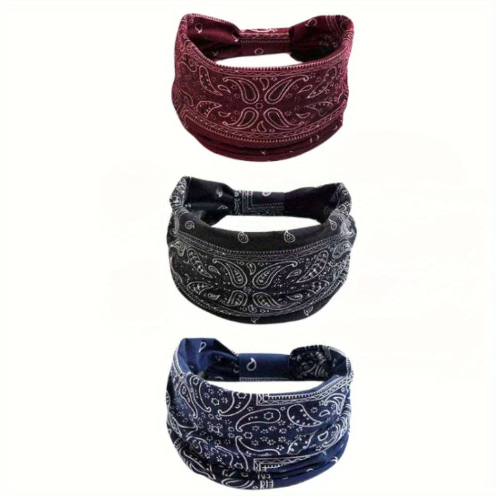 TEMU 3pcs Women's Bohemian Style Wide Headbands - Soft, Breathable Elastic Hair Bands With Vintage Paisley Print For Yoga, Running & Fitness