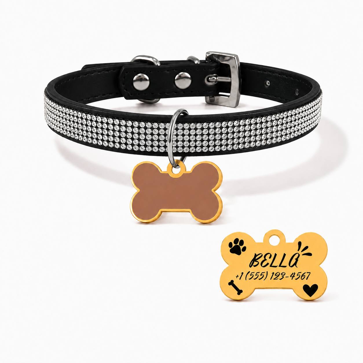 Diamond-Studded Pet Collar with Engravable Bone Dog Tag
