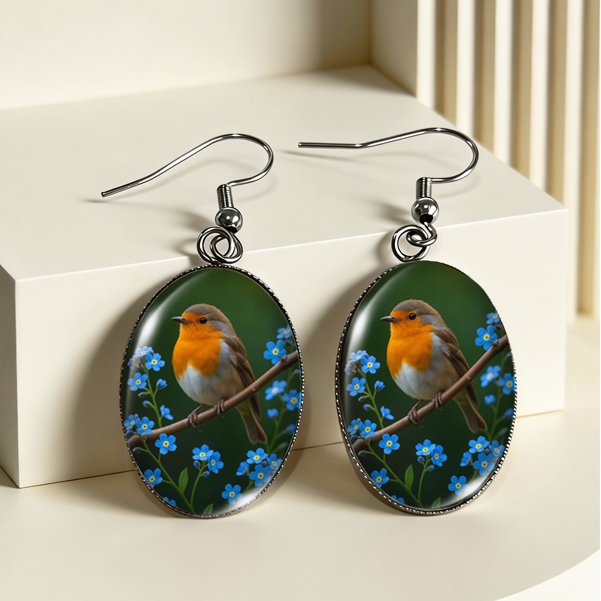 TEMU Cute Robin & -me-not Branch Earrings - - Hook Studs Suitable For Day, Easter Gifts, Daily Wear, Spring Accessories With Robins And Branch