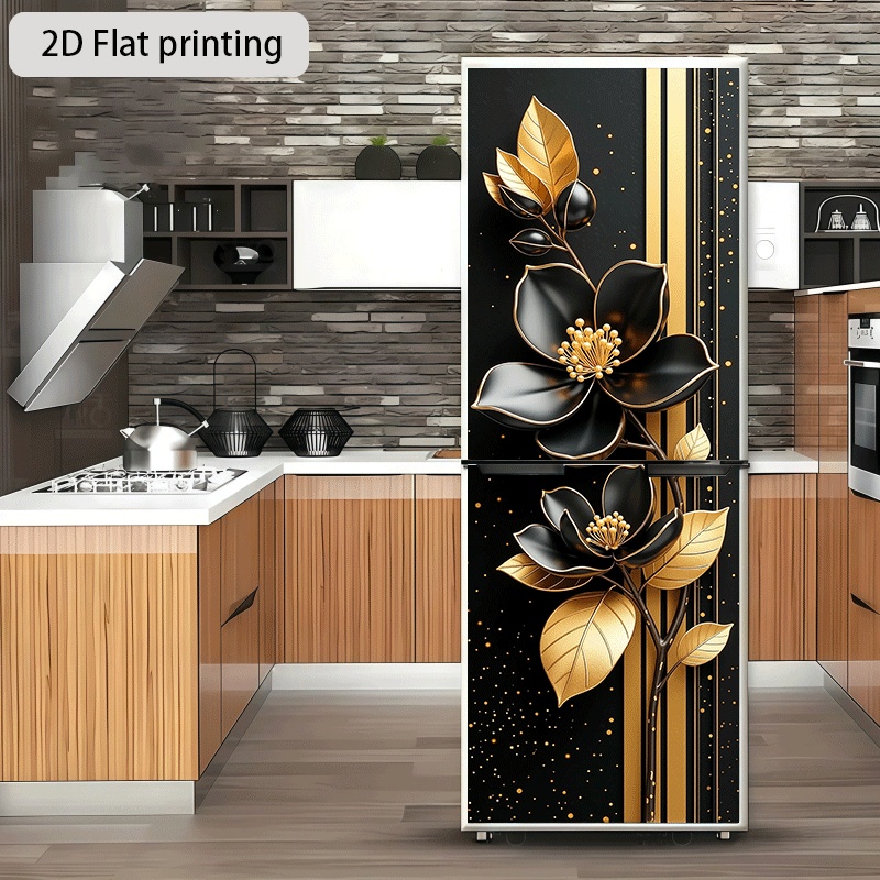 E-shop 2D-Flachdruck . schwarz-goldener Wandaufkleber mit floralem Muster-Themendesign, dekorative selbstklebende Tapete, geeignet für Schränke