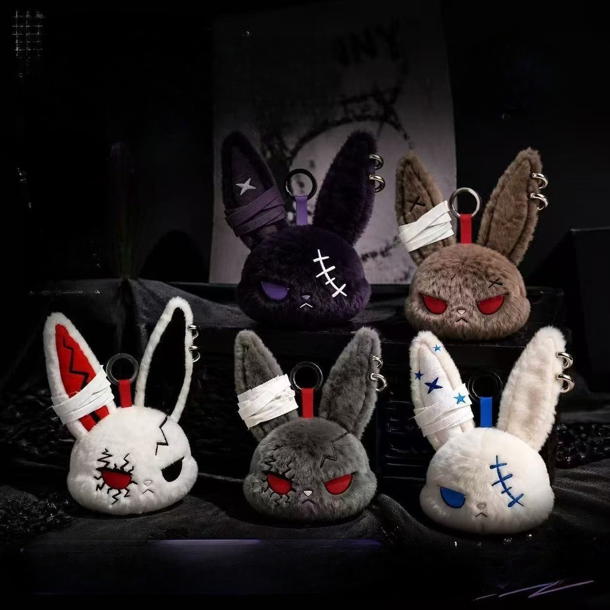 gothic style bandage stitched rabbit plush keychain cool and dark style rabbit head bag pendant unique plush animal key accessory for women