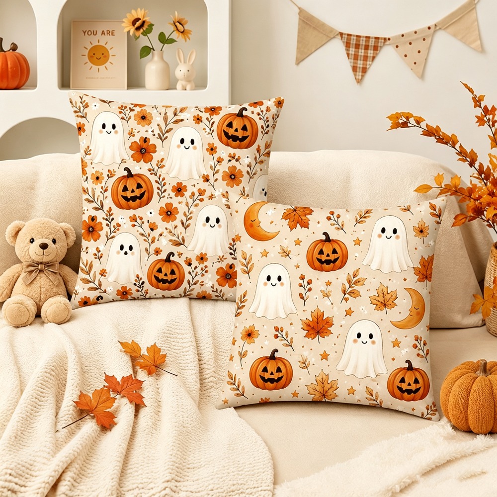 TEMU 2d Flat, 2pcs, Halloween Pumpkin Maple Leaf Floral Printed Pillowcases, Gentle Autumn Decor Cushion Covers, Gift For Family, , , Zipper Closure,