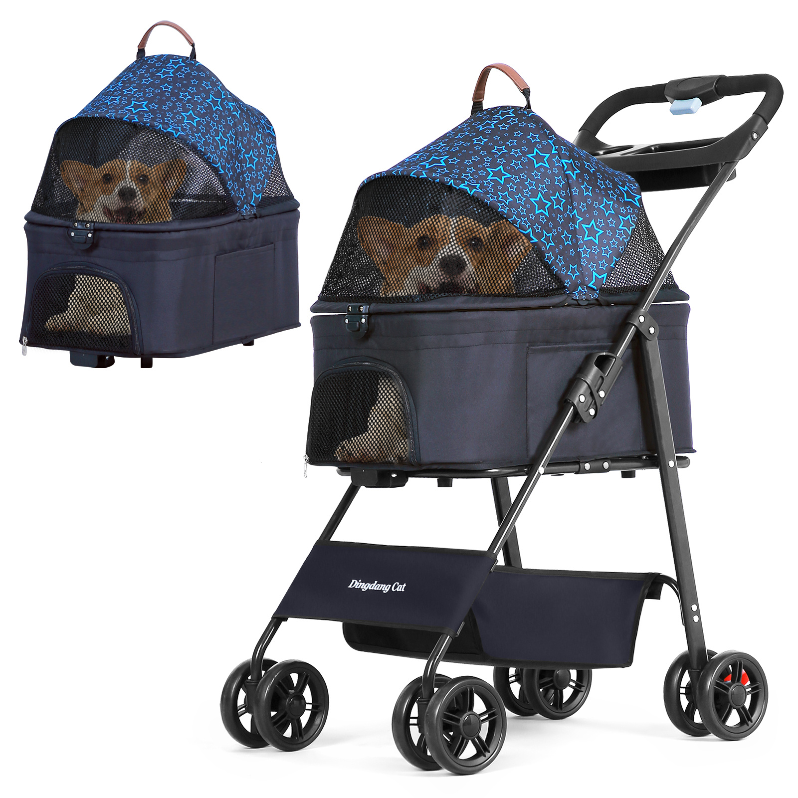 1pc Ubravoo Foldable Pet Stroller For , Metal Frame With Oxford Fabric, Safety Harness, Cup Holder, Non-slip Wheels, Breathable Design, Dual Exit For