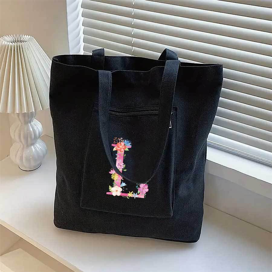 TEMU A Single Black Tote Bag Featuring Pockets And A Floral Letter Design, Casual , Vacations, Beach Trips, And Use. It Makes A Great Gift For Women,