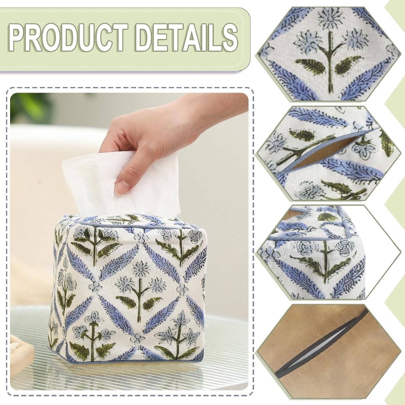 1pc elegant fabric tissue box cover & napkin holder - blue floral print with   &   trim, soft pastel blue/green/white, fits square/rectangular tissue boxes, space-saving decorative storage for bathroom, bedroom, office - handmade-look design, machine washable & crack-proof, fits most tissue boxes (paper not included) -   decor in blue, green, beige colors Product details 2