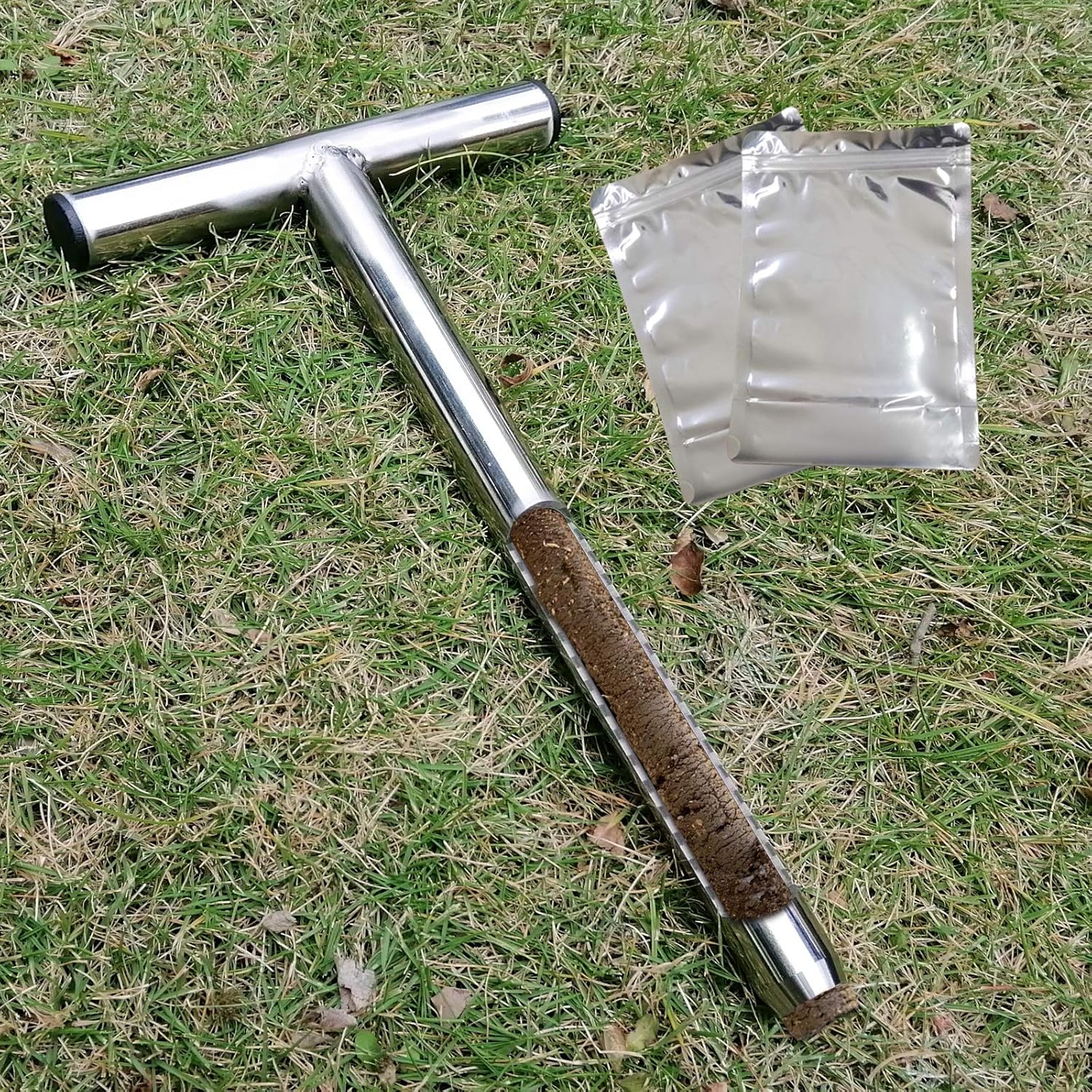 Image of Stainless Steel Soil Drill T-shaped With 2 Reusable Sampling Bags, Soil Testing Tool