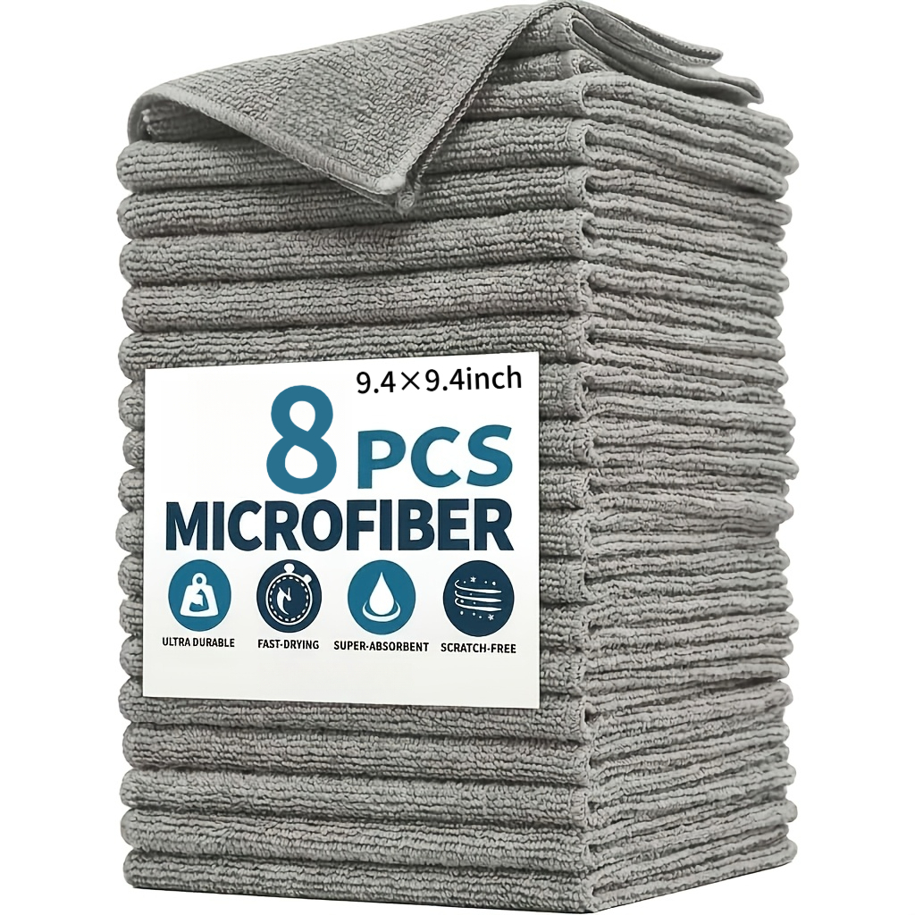 TEMU V Pack 8/17pcs Gray Microfiber Car Cleaning Cloths, Size 9.6x9.6 Inches, Absorbent Cleaning Towels, Suitable For Home Cleaning, Kitchen Dish