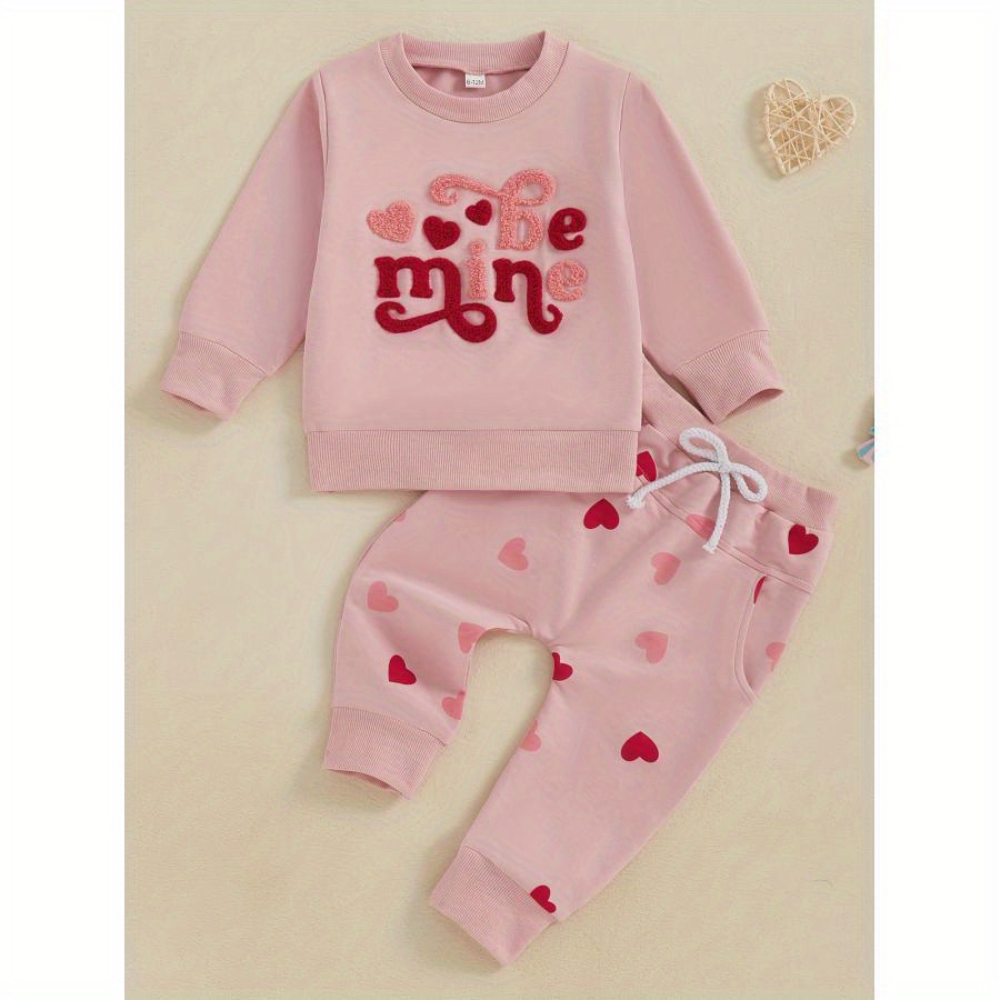 

Baby Girls 2pcs Outfit, Long Sleeve Embroidery Letters Hoodie With Heart Print Sweatpants Valentines Day Clothes