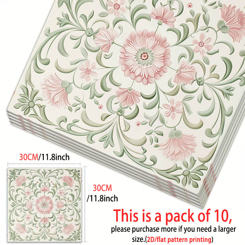 TEMU 10pcs Vinyl Floor Tiles Suitable For Home Bedroom Living Room Kitchen, Self-adhesive Floral Floor Covering With Green & Pink Patterns,