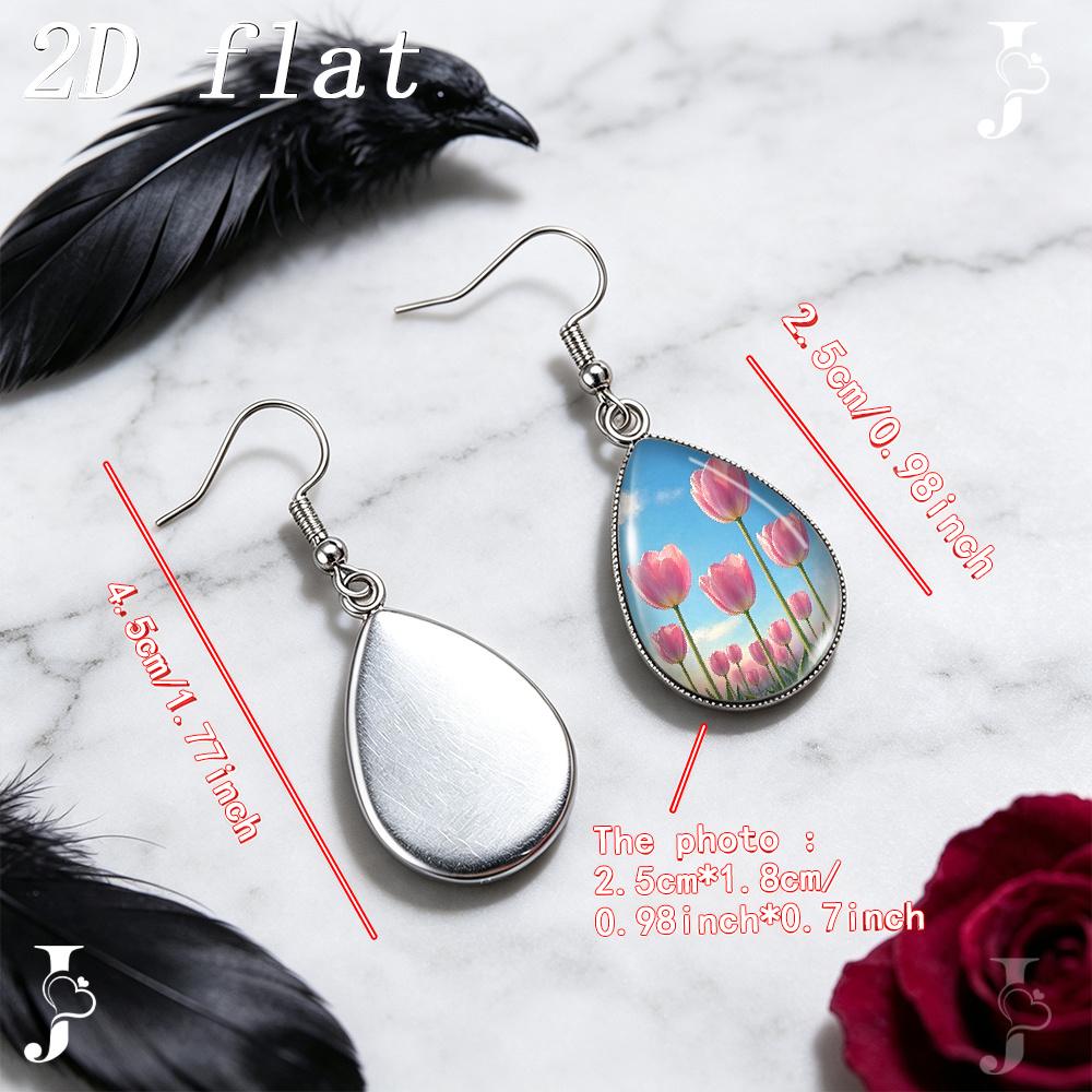 Teardrop Dangle Earrings with Pink Tulip Flower Pattern