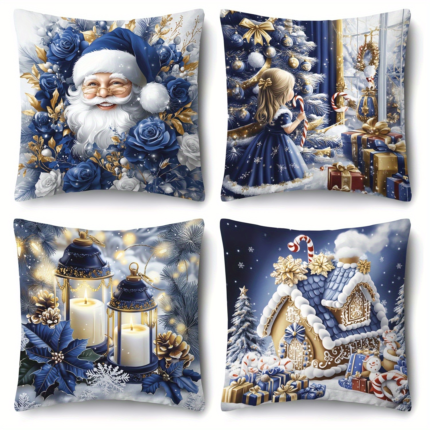 TEMU 4pcs Merry Christmas Blue Pillowcases, Multiple Sizes, Soft Polyester Decorative Cushion Covers With Zipper Closure, Santa Claus Snow Scene