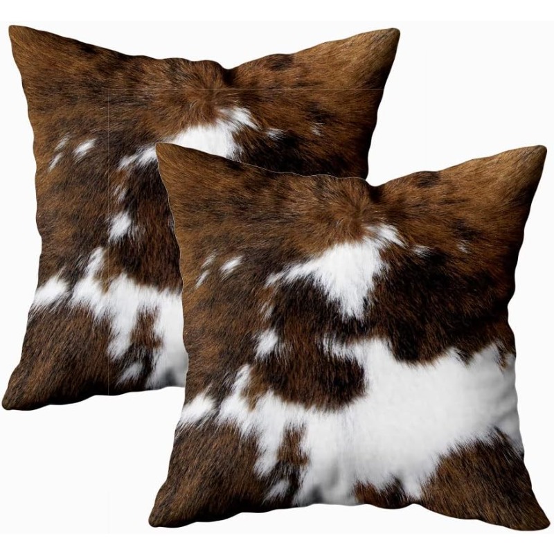 TEMU 2d Flat - 2pcs Double-sided Printed Western Style Cowhide Texture Square Pillow Covers, Wild Style, Realistic Texture, Suitable For American And