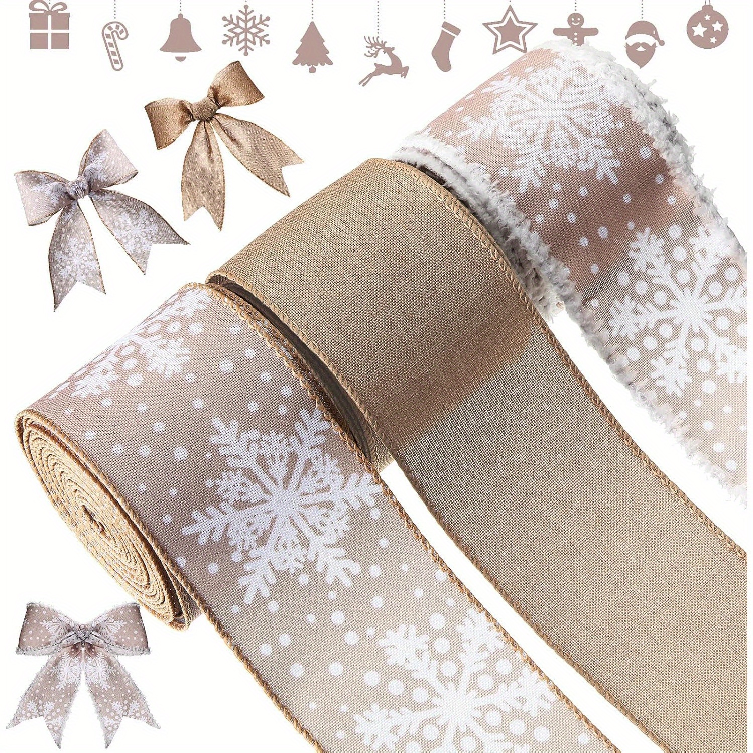 TEMU 3 Rouleaux de 15 Yards de Ruban de Noël Filé, Ruban de Jute à Bord de Neige de 2,5 Pouces, Bord Filé de Neige pour Emballage, Couronne, Nœuds,