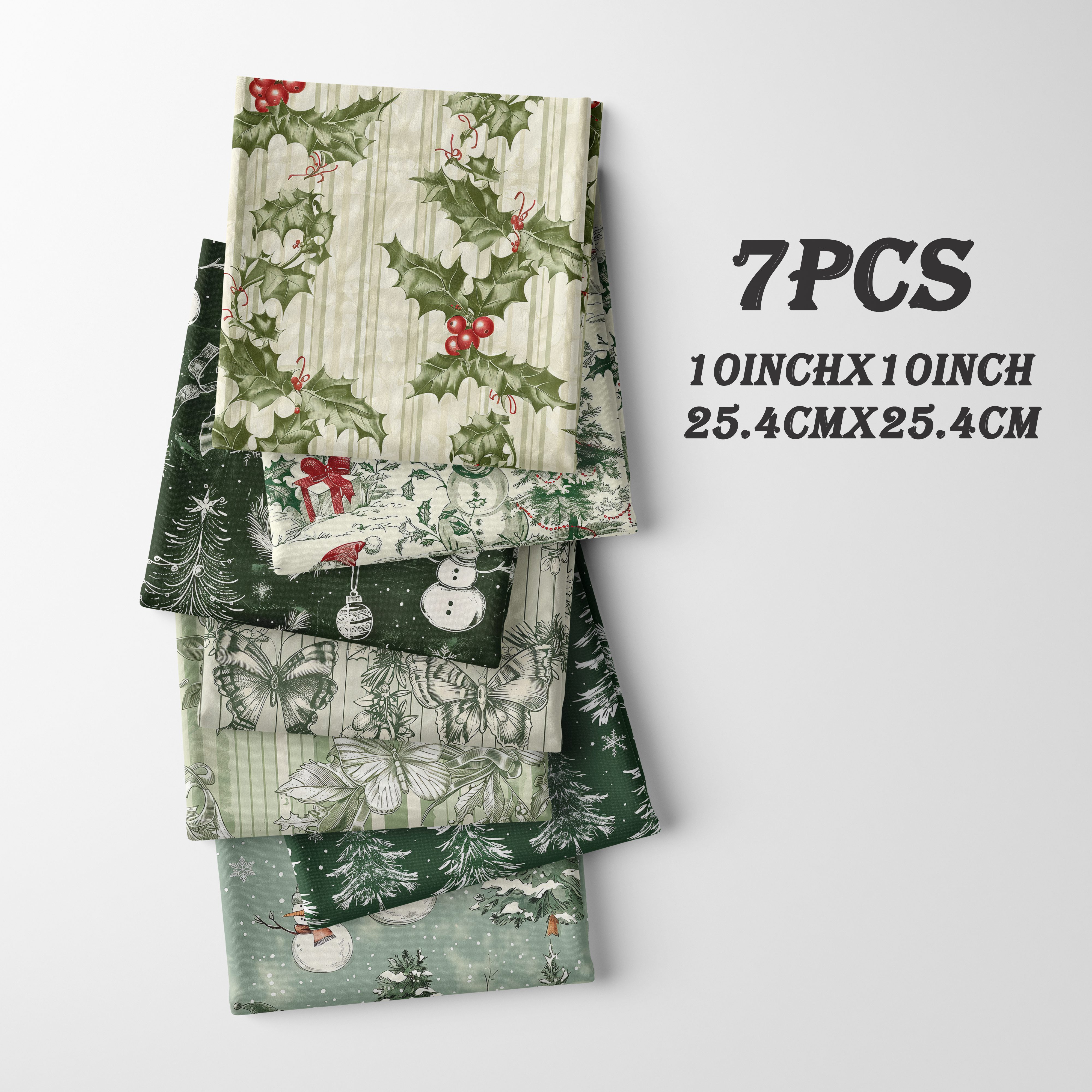 TEMU 7-sheet Pack 10-inch ( X Cm) Vintage Forest Holly Christmas Pre-cut Fabric Scraps, Featuring , Snowmen, Fir Trees, Butterflies And More Retro