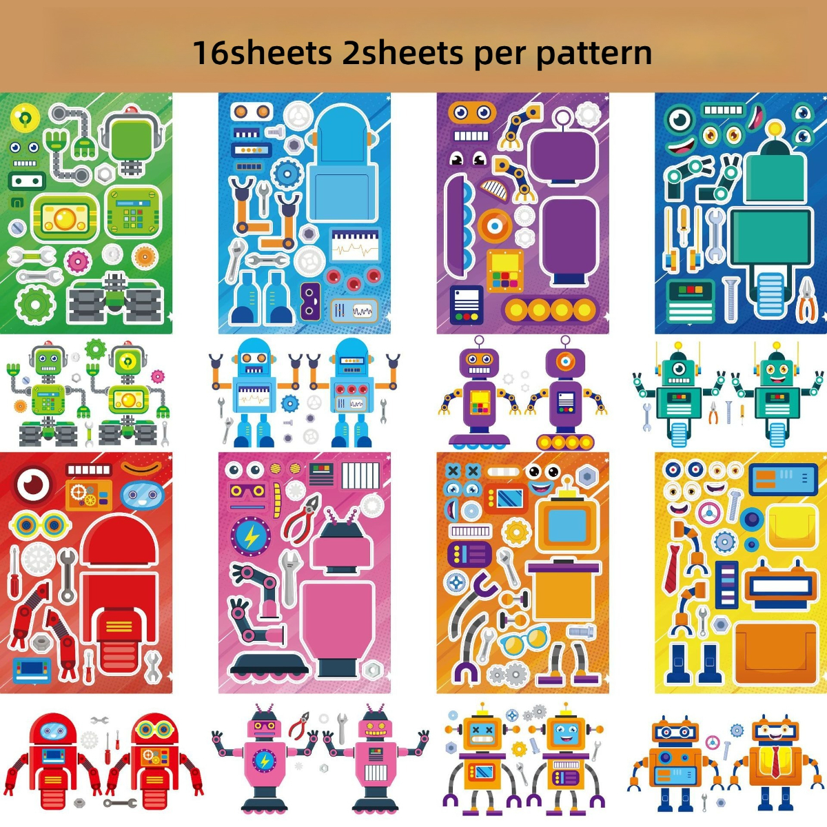 Image of 8/ 16 Sheets Robot Face Changing Diy Sticker Set - Transformable Puzzle, Parent-child Interactive Stem Toy, Creative Activity For Kids - Perfect Christmas Party Gift