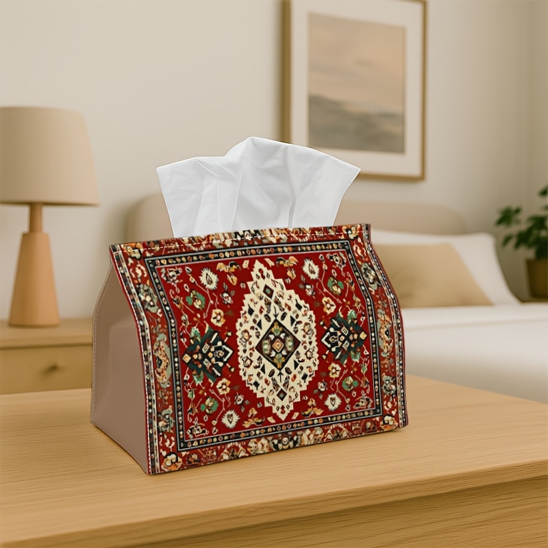 TEMU 1pc Persian Tribal Ethnic Tissue Box-mandala Geometric Red Traditional, Durable Napkin Organizer For Car, Kitchen, Dining, Home Decor-decorative