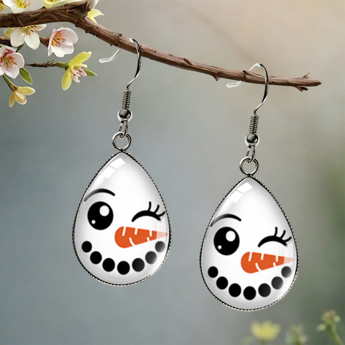 TEMU 1 Pair Of Snowman Face With Carrot Nose Cartoon Pattern Teardrop Earrings, Unisex Christmas Ear Accessories