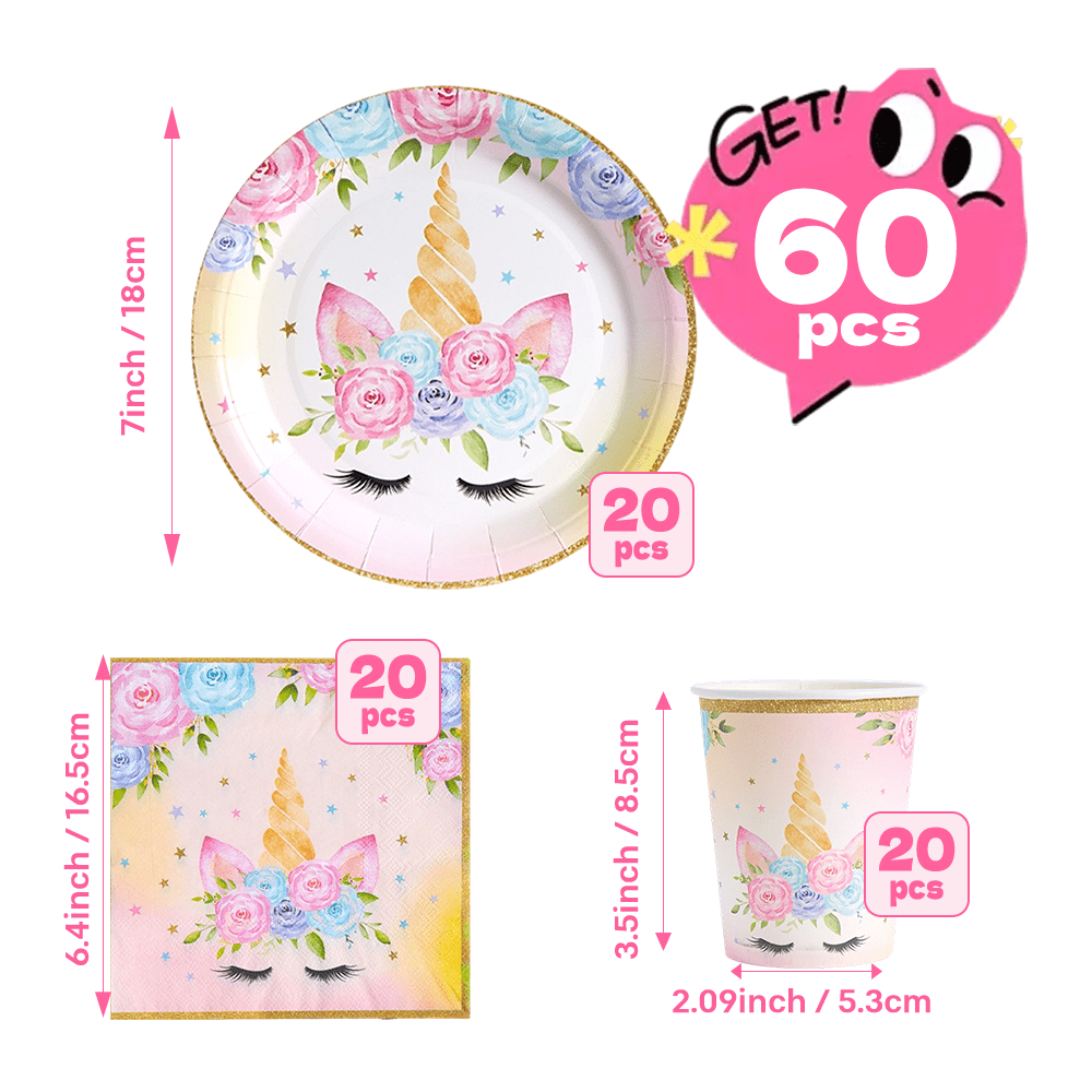 Image of 60pcs, Floral Unicorn Theme Disposable Party Tableware Set, 20pcs 7-inch Paper Plates And 20pcs Paper Cups And 20pcs Napkins, Gentle Watercolor , Suitable For Themed Parties, Girlfriends Gatherings