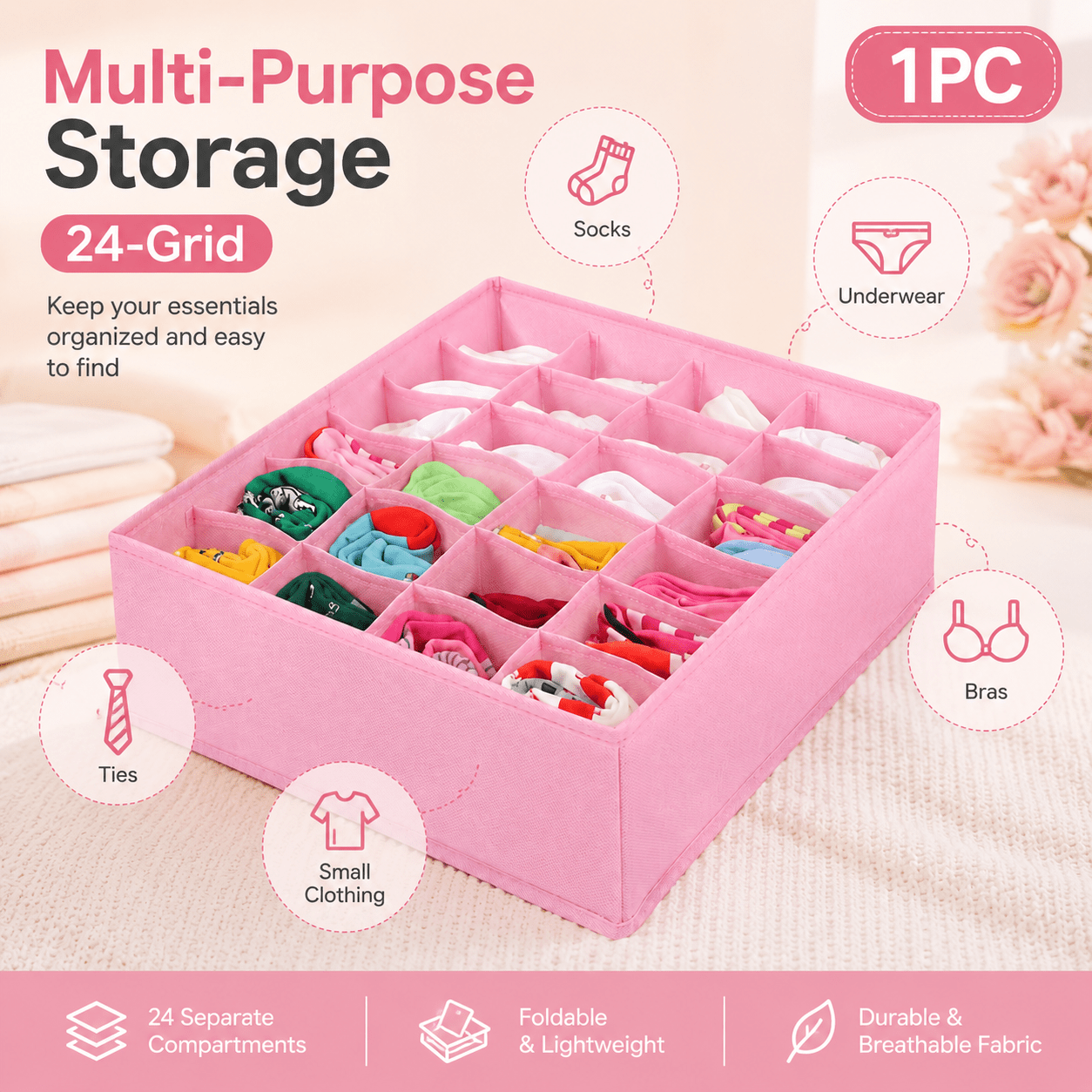 TEMU 1pc Tslbnrio Elegant Pink 24-grid Breathable Fabric Drawer Box With Grid Dividers Suitable For Socks, Underwear, Bras, Ties Storage | Dresser