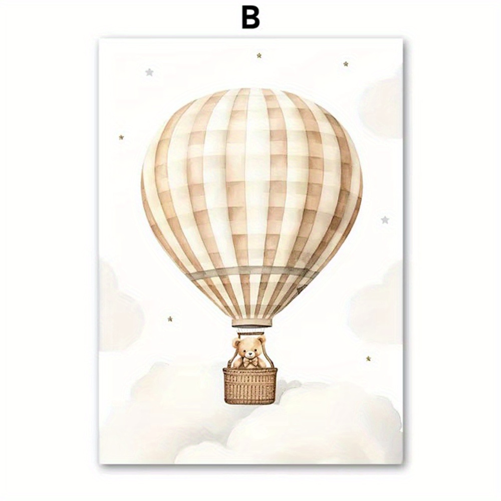 TEMU 1pc Wall Arts Posters Optional Frame Animals Bear Hot Air Balloon Aircraft Moon Cloud Balloon Nursery Wall Art Canvas