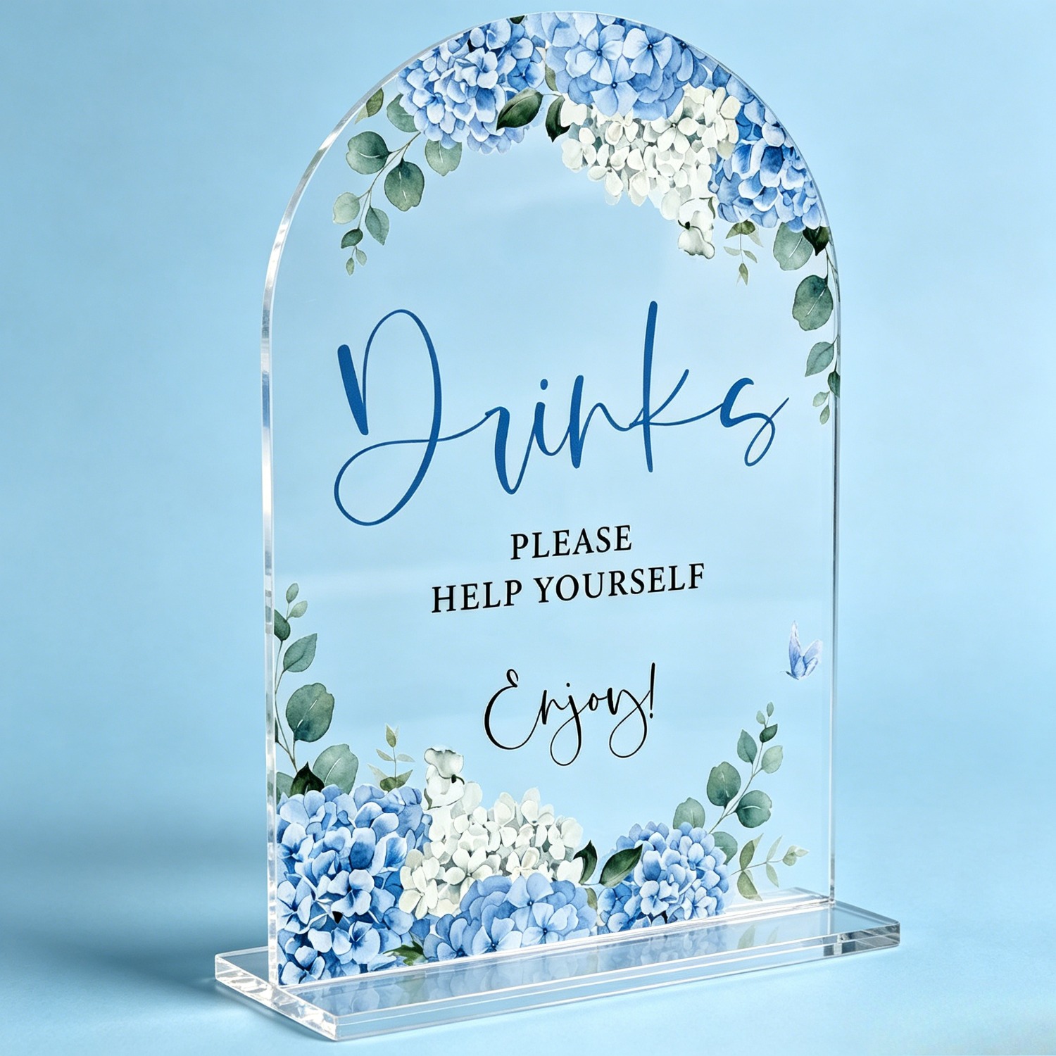 TEMU 2d Flat Arch White Acrylic Drinks Table Plaque With Base, Watercolor Blue Hydrangea Eucalyptus Printed Tabletop Sign, Dusty Blue Wedding Bridal