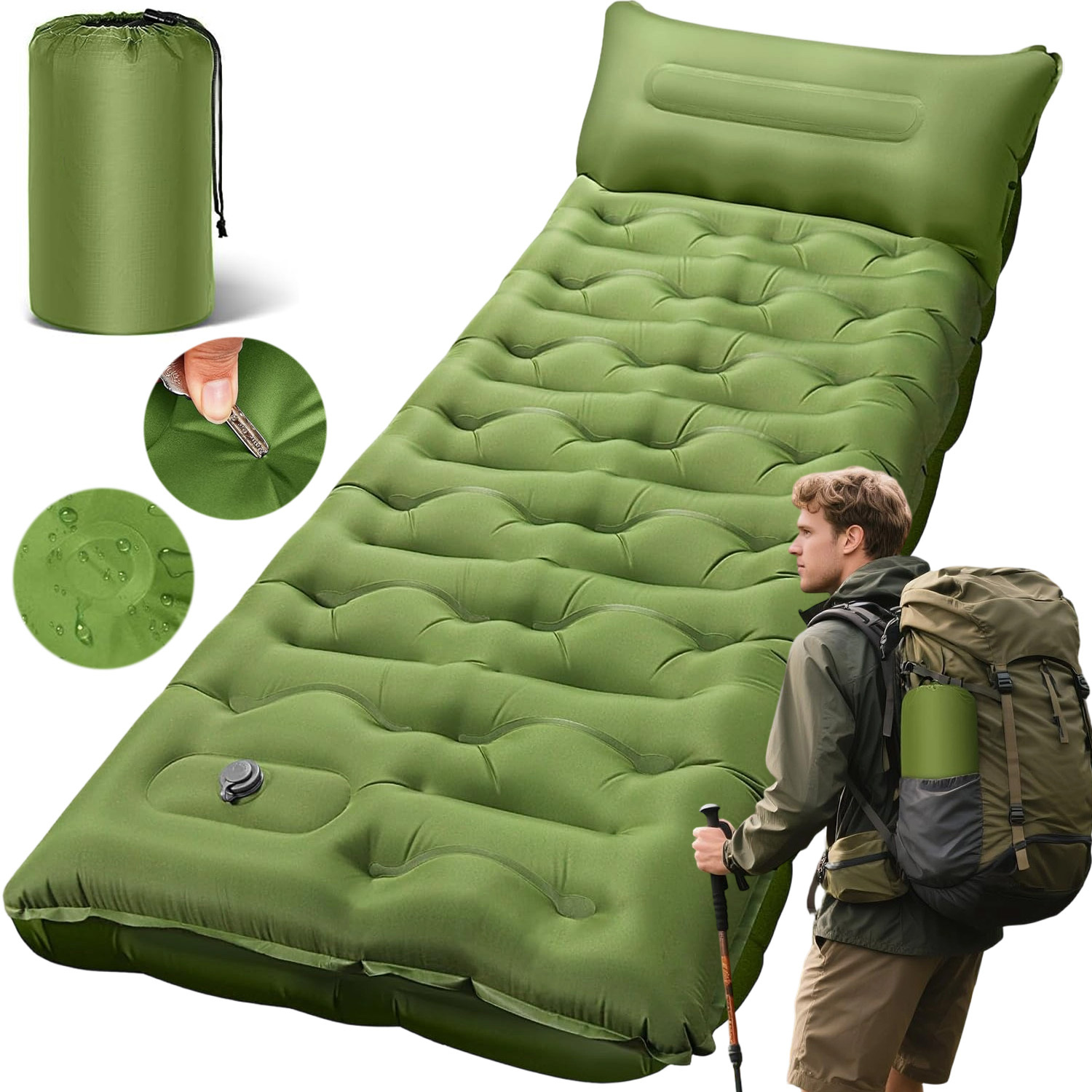 Portable Thick Camping Air Sleeping Pad, 190x70x15cm Inflatable Mat With Foot Inflator & Attached Pillow