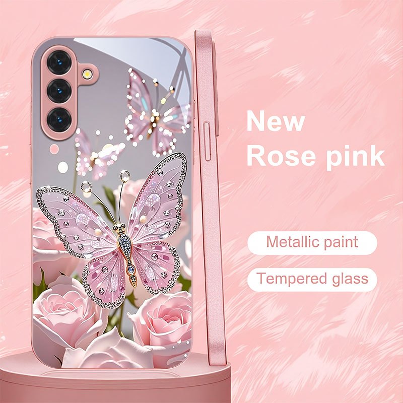 TEMU Coque de téléphone - Coque de téléphone rose avec motif papillon en cristal pour Samsung Galaxy