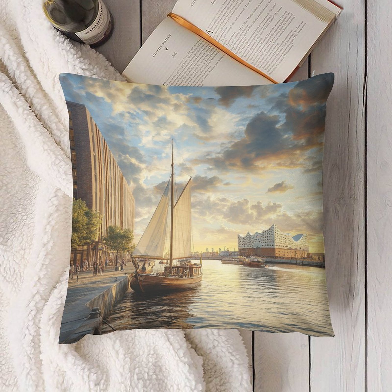 

1pc City Harbor Printed Throw Pillow Cover, Style Short Plush Polyester, Machine Washable Zippered Cushion Case For Room Types