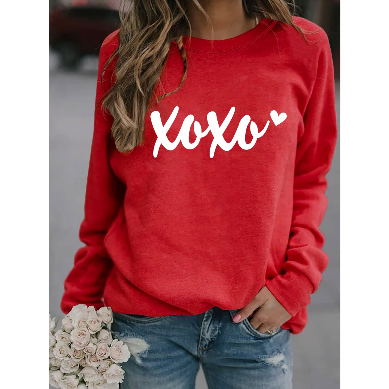 

1pc Valentine's Day Red Crew Neck Sweatshirt, Casual Polyester Pullover With "" Alphabet Print, Knit Fabric