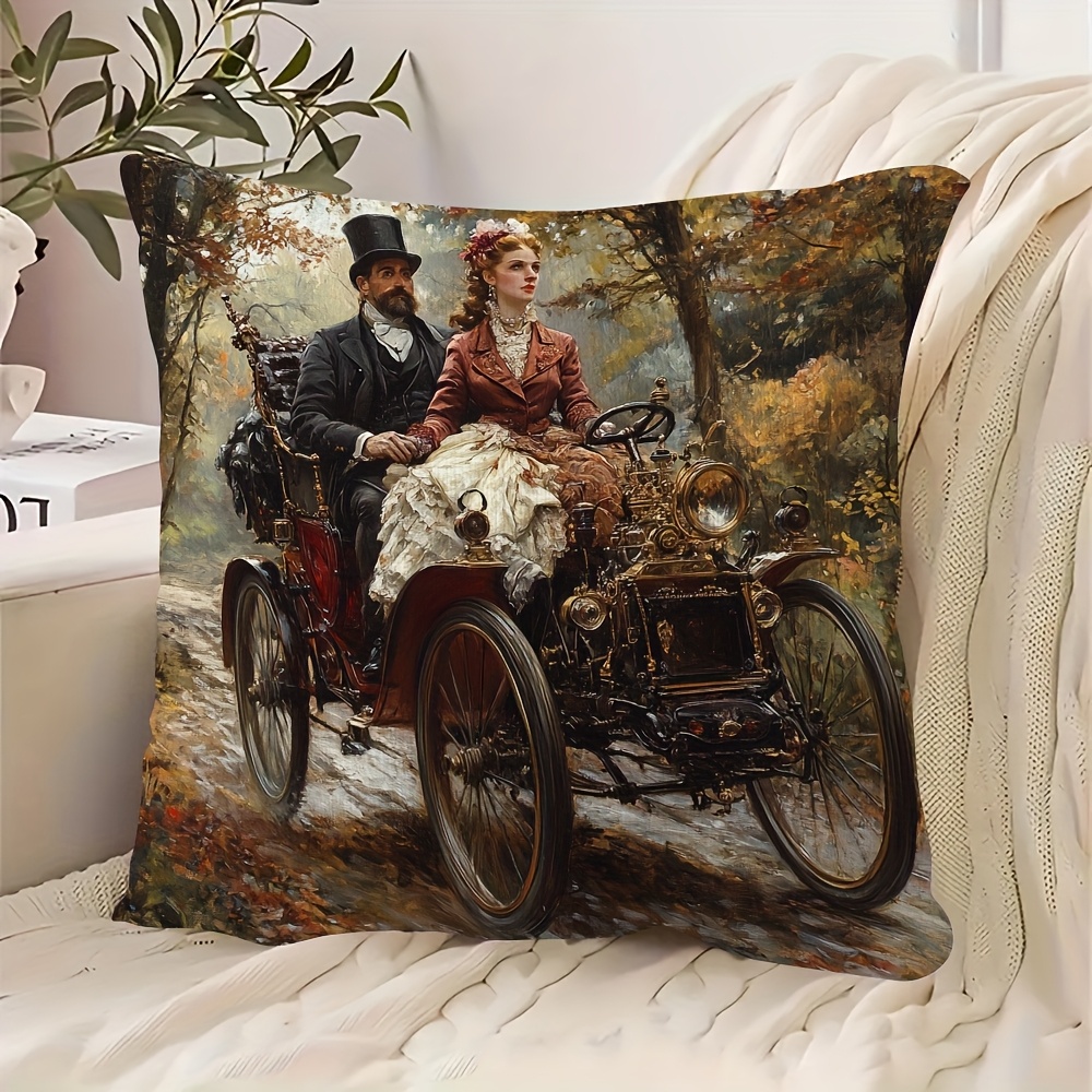 TEMU 1pc Vintage Victorian Art Throw Pillow Cover 45.72x 45.72cm- Elegant Couple With Red Dress, Black Top Hat, And Train Carriage Scene, Living Room