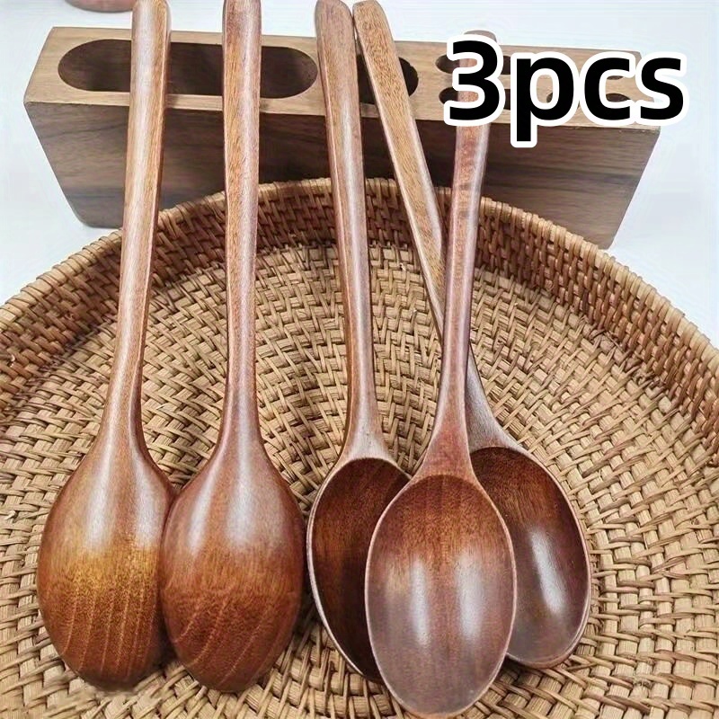 E-shop 3 Stücke Haushaltslöffel mit Langem Holzgriff – In Original und Dunkelbraun, 9 Zoll Länge, Exquisit Verarbeitet ohne Splitter, zum Umrühren,