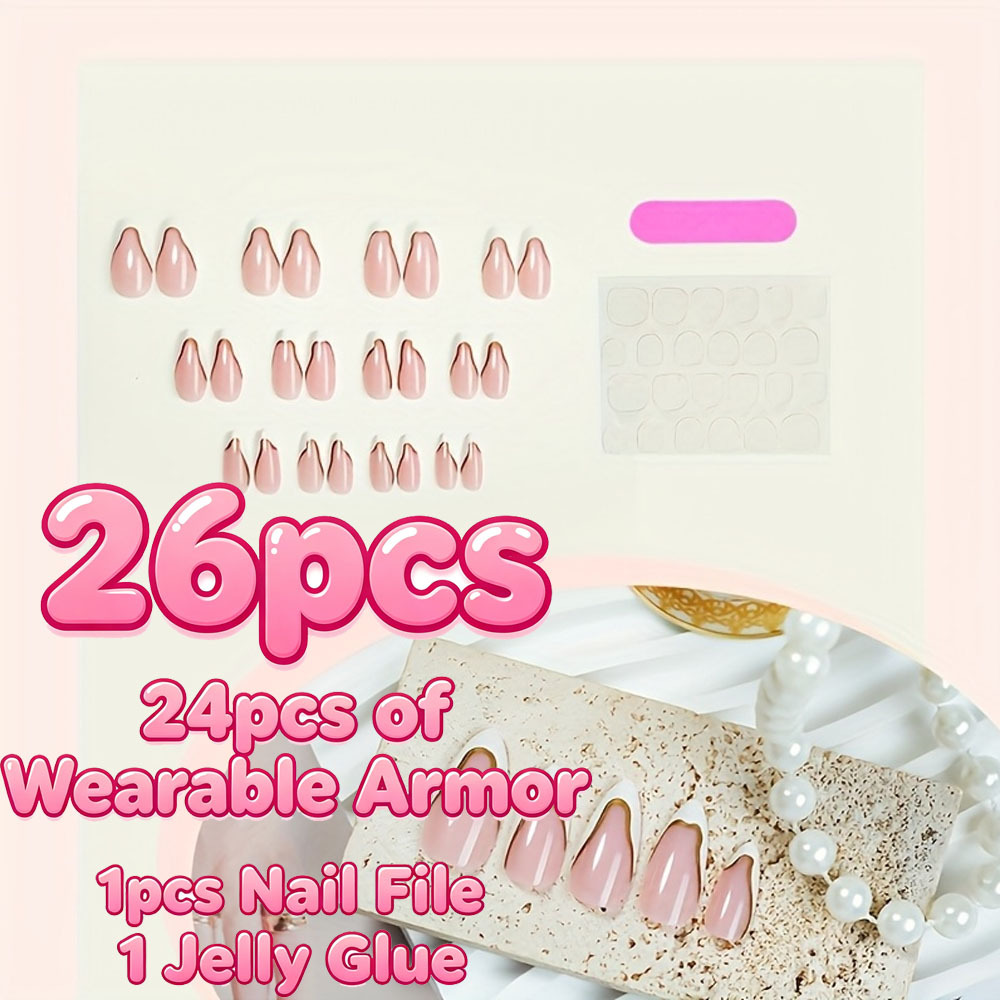 TEMU 26pcs 24pcs Of Wearable Armor +1pc Nail File +1pc Jelly Glue White Nail Tips Fake Nails Press On Nails Fake Nails Medium Almond False Nails With